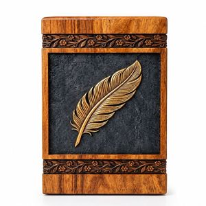 Wooden Cremation Urn Brown Adult <b>Memorial</b> <b>Keepsake</b> <b>Box</b> Carved Feather Design Customizable 200 Cubic Inch Capacity - Product Image 1