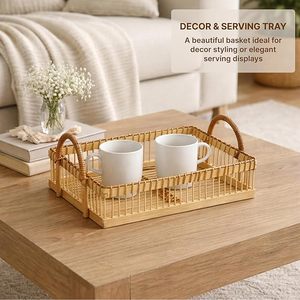 Handmade Bamboo Asian Zen Rectangle Decorative <b>Tray</b> Woven Serving <b>Basket</b> Handles for Tea Fruit Tableware Kitchen Living Room - Product Image 2