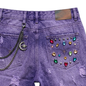 Custom Acid Wash Distressed Shorts High Quality Rhinestone 100% Denim Shorts Vintage Summer Streetwear Unisex - Product Image 5