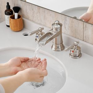 Rubinetto per lavabo bagno da 8 pollici, nichel spazzolato, 3 fori, scarico a scomparsa, doppia leva, rubinetto bagno da 8 pollici - Product Image 1