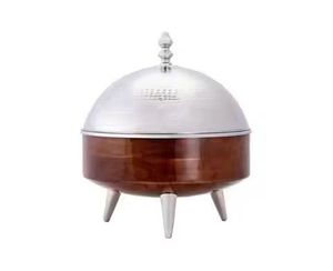Modern Wood & Silver Casserole Premium Food Warmers Round Stainless Steel <b>Buffet</b> <b>Server</b> with Polished Wooden Base & Feet - Product Image 1