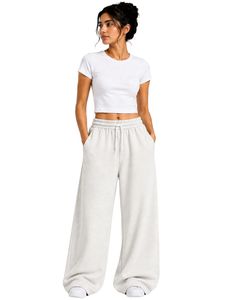 Pantalon de survêtement blanc personnalisé pour femme, coupe large, taille haute, décontracté, style streetwear, en molleton, avec cordon de serrage et poches - Product Image 1