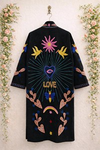 Bohemian Black Velvet Embroidered Long Suzani Jacket With Floral <b>Bird</b> Pattern Full Sleeve <b>Stand</b> Collar Women Autumn Outerwear - Product Image 4