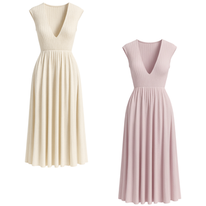 Robe midi en nylon respirant de qualité supérieure pour femmes, col rond, tricot côtelé, manches courtes, coupe droite, tissu doux au toucher, toutes saisons - Product Image 1