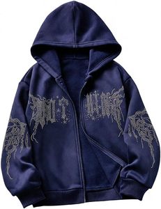 Gothic Hooded <b>Pullover</b> <b>Men</b> Regular Fit Knitted Fleece Rhinestone Letter Print Front Breathable Eco-Friendly Winter Streetwear - Product Image 1