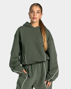 Sweat-shirt à capuche oversize vert foncé pour femme avec lignes contrastées – Pull en molleton de coton premium, style streetwear décontracté, vente en gros - Product Image 4