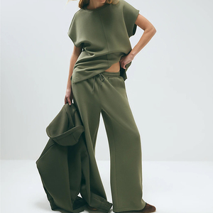 Ensemble de survêtement molletonné pour femme 2026 en coton doux, coupe oversize, couleur unie, avec chemise et pantalon large - Product Image 2