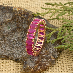Bague de fiançailles en or rose 14 carats véritable avec pierre précieuse, sertie de griffes, rubis rouge ovale 5x3mm, bague éternité complète, bijoux fins pour femme - Product Image 1