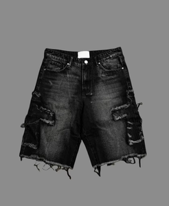 Shorts cargo en denim épais 100% coton, style urbain, taille mi-haute, deux couleurs, avec bordure patchwork effet usé - Product Image 2