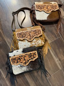 Bolso bandolera con flecos de cuero genuino para mujer a la moda, bolso de hombro con solapa Floral de piel de vaca de lujo multifuncional - Product Image 5