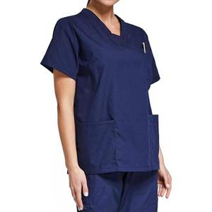 Haut de blouse médicale bleu marine à col en V pour femme avec poches, mélange coton et polyester, uniforme d'hôpital - Product Image 5