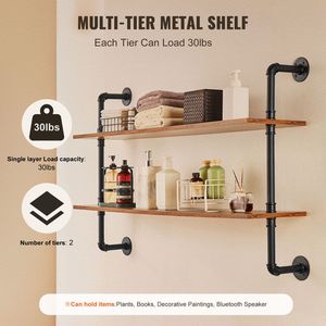 Mensola Industriale a 2 Livelli 48x9,84 Pollici in Legno Rustico con Tubi, Scaffale Galleggiante da Parete con Staffa Sundr, Espositore Fai-da-te - Product Image 2