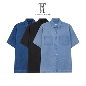 LD8163.1 Camisa de Mezclilla Casual de Manga Corta para Hombre, Transpirable, Ecológica, con Cuello Alto, Estilo Minimalista, Diseño Tonal Elegante - Product Image 5