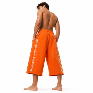 Distressed Embroidery Fleece <b>Shorts</b> Oversize 450 GSM Cotton Terry <b>3</b>/<b>4</b> Wide Leg <b>Shorts</b> Men Casual Winter Sweat <b>Shorts</b> Knee Length - Product Image 5