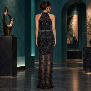 Women Black Embroidered Evening <b>Dress</b> | <b>Halter</b> <b>Neck</b> Sleeveless Mermaid Gown with <b>Sequin</b> Beading Sheer Floor Length Formal <b>Dress</b> - Product Image 3