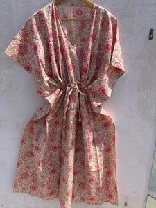 Pink Floral Cotton <b>Kaftan</b> Dress for Women V-neck Batwing Sleeves Printed <b>Beach</b> Cover Boho Resort Wear Regular Fit Summer Maxi - Product Image 1