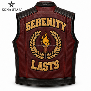Gilet de moto en cuir décontracté brodé en chenille personnalisé, bicolore bordeaux et noir, en cuir de vachette, sans manches, pour homme et femme - Product Image 4