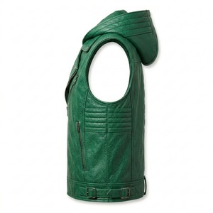 Men's Green Genuine <b>Leather</b> Hooded Biker Vest Zipper Closure Quilted Pocket <b>Belt</b> - Product Image 4