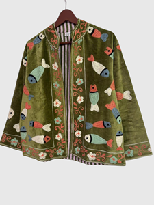 Veste en velours à col mandarin brodée à la main avec motif de poisson, manches longues, style blouson, pour adulte, à porter en automne - Product Image 1