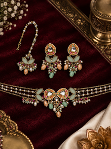 Traditional Ethnic Antique Gold Plated Copper Alloy Imitation Pearl Jewelry <b>Set</b> <b>Crystal</b> Rhinestone Necklace Earrings Women - Product Image 2