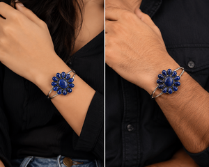 Bracelet manchette floral en argent oxydé et pierre de lapis-lazuli bleue naturelle |   Bijoux bohèmes faits à la main - Product Image 3