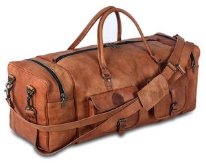 Genuine Leather Bag Men's Casual Travel Weekender <b>Adjustable</b> <b>Strap</b> Zipper Hasp Closure 30-40L Capacity Durable Shoulder Bag - Product Image 2