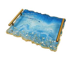 Best Design Epoxy Resin <b>Serving</b> <b>Tray</b> <b>with</b> Gold Leaf Metal <b>Handle</b> Quality Handicrafts for Hotels Restaurants and Kitchenware - Product Image 1