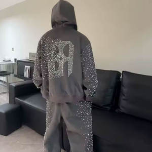 Fashion Men's Winter Hooded Solid Rhinestone Tracksuit Custom Color Casual Streetwear 100% Cotton Quick Dry Breathable OEM - Product Image 6