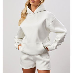 <b>Women's</b> <b>White</b> Hooded Pullover Sweatshirt Long Sleeve Solid Fleece <b>Hoodie</b> Front Pocket Drop Shoulder Casual - Product Image 4