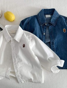 Chemise en jean pour garçon, manches longues, coton, couleur unie, col rabattu, détail patch, printemps automne, hauts pour enfants - Product Image 2