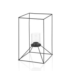 Modern Square Metal <b>Lantern</b> <b>Candle</b> Holder for Home Decoration Black Frame Glass Insert Geometric Design - Product Image 1
