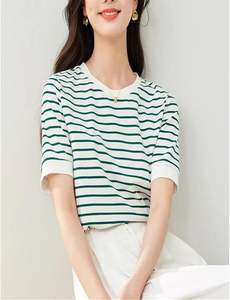 T-shirt d'été respirant pour femme, tricoté, rayé, à manches courtes, col rond, coupe décontractée, haut tendance pour tous les jours - Product Image 2