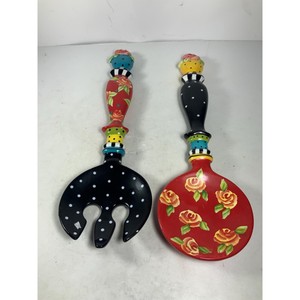 Beautiful Wooden Colorful Hand-Painted Salad Servers Set With Floral And Polka Dot Design For Serving Salads - Product Image 5