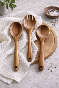 Cuillère de cuisine en bois à long manche, ensemble de cuillères et fourchettes à salade en bois artisanal, ustensiles de cuisine écologiques - Product Image 5