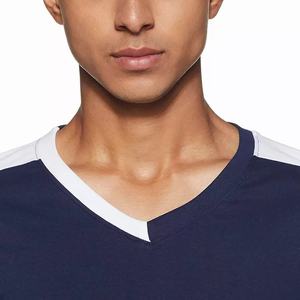 Camiseta de Manga Corta con Cuello en V para Hombre, Azul Marino con Ribete en Contraste Blanco, Corte Regular, Camisa Casual de Algodón Tejido - Product Image 6