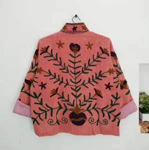 Chaqueta Boho Chic para Mujer, Bordada en Algodón Suzani, con Hilo Floral Rosa, Manga Larga, Estilo Étnico, Ropa de Invierno - Product Image 3