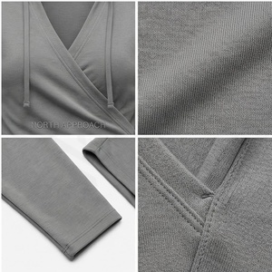 Women's Gray Long Sleeve Hooded <b>Wrap</b> <b>Top</b> With Drawstring Closure And Self-Tie Waist Solid Color <b>Yoga</b> Wear - Product Image 5