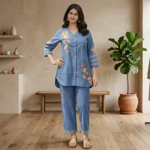 Women's Blue Embroidered Cotton Set <b>Three</b> <b>Quarter</b> Sleeve Loose Fit Full Length <b>Pants</b> Outfit Spring Summer Casual Wear - Product Image 2