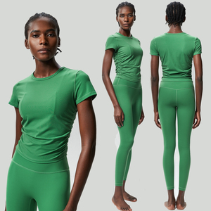 Women's Quick-Drying <b>Cross</b>-Border Outdoor Sports Running Two-Piece Set-Nude Fitness Yoga Suit Side Pleat Solid Pattern Waist - Product Image 6