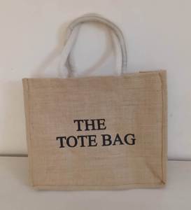 Ecofriendly natural jute <b>tote</b> <b>bag</b> with <b>sturdy</b> soft handles spacious design and classic text print perfect for shopping travel - Product Image 2