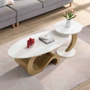 Modern <b>Nesting</b> Coffee <b>Table</b> Set of 2 Golden Oval and Round End <b>Tables</b> for Living Room - Product Image 4