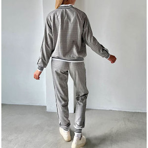 Ensemble de survêtement à carreaux pour femmes, manches longues, fermeture éclair, style décontracté, respirant, polyester et coton, vêtements d'automne - Product Image 3