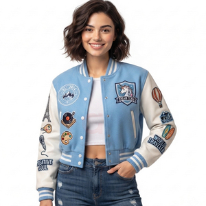 Plus Size Breathable <b>Women</b> Cropped Varsity <b>Jacket</b> Custom Logo Embroidered chenille patch Leather Sleeve custom made <b>jacket</b> - Product Image 1