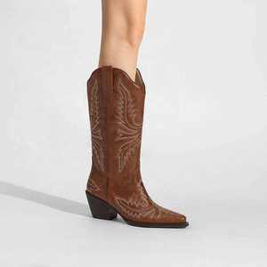 Botas Vaqueras de Media Pantorrilla para Mujer, Diseño Occidental Elegante en Cuero, Suela Resistente, Cómodas para el Día a Día - Product Image 1