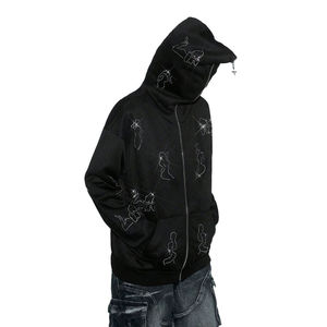 Sweat à capuche noir à coupe classique avec strass pour homme, veste streetwear zippée, motif artistique en cristal, fermeture éclair intégrale, style gothique Y2K, 100% coton, hiver - Product Image 1