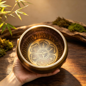 Handcrafted Antique Brass Singing <b>Bowl</b> with Intricate Buddha Mandala Engraving Wooden Mallet and <b>Red</b> Gold Embroidered - Product Image 6