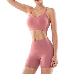 Conjunto Deportivo de Yoga para Mujer, Color Rosa, Cuello Redondo, Sin Tirantes, Top Deportivo y Pantalones Cortos Elásticos de Cintura Alta, 100% Algodón, Transpirable, Ajustado, que Absorbe la Humedad - Product Image 2