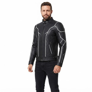 Blouson de moto homme en cuir véritable noir avec logo personnalisé, design futuriste, bandes réfléchissantes argentées, motif géométrique, coupe ajustée, style motard - Product Image 3