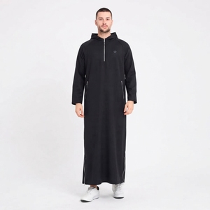 Hooded Men's Thobe Long Sleeve Floor Length Black Polyester Modest Prayer Wear Middle East Style Solid Color Regular Fit - Product Image 1