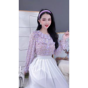 Blusa Floral Vintage al por Mayor para Mujer, Cuello con Volantes, Manga Larga, Abotonada, Elegante, para Oficina, Ropa de Trabajo y Boutiques de Moda - Product Image 1